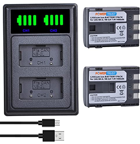 PowerTrust 1400mAh NB-2L NB-2LH Akku + NB 2L Ladegerät mit USB und Typ-C Anschluss für Canon EOS 350D, EOS 400D G7 G9 S30 S40 ZR950 ZR960 HG10 HV4