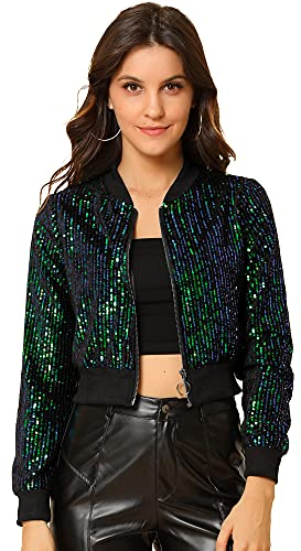 Allegra K Damen Pailletten Jacke Langarm Reißverschluss Crop Glitzer Sequin Bomberjacke Grün M