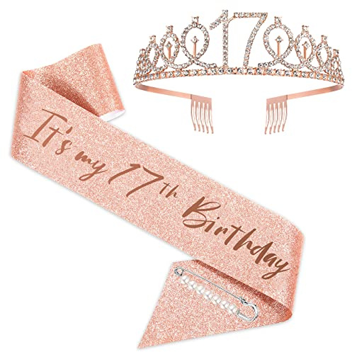 SZHUIHER 17th Birthday Sash and Tiara for Girls, Rose Gold Its my 17th Birthday Sash and Crown, 17th Birthday Gifts for Happy 17th Birthday Party Favor Supplies