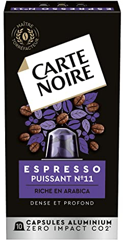 CARTE NOIRE - Capsules de Café Espresso Puissant N°11 Compatibles Nespresso® - Café Arabica - Lot de 10 x 10 Capsules Aluminium - Fabriqué en France