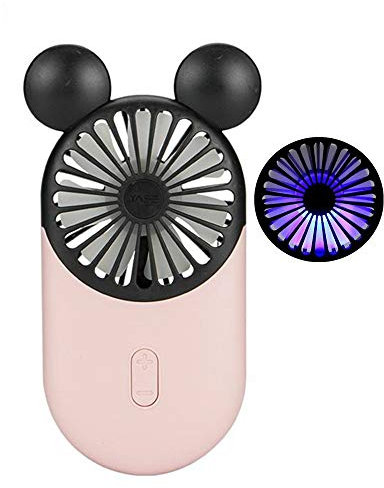 DECVO Cute Personal Mini Fan, Handheld & Portable USB Rechargeable Fan with Beautiful LED Light, 3 Adjustable Speeds, Portable Holder, for Indoor Or Outdoor Activities, Cute Mouse 1 Pack (Pink)