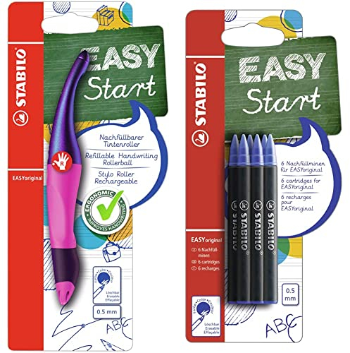 STABILO - Ergonomischer Tintenroller für Rechtshänder - EASYoriginal Holograph in magenta - blau (löschbar) - inkl. Patrone + EASYoriginal Refill - medium - 6er Pack