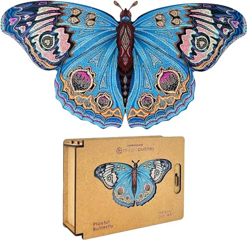 Lubiwood Verspielters Tierform-Holzpuzzle (29x21 cm) - Fördert Beobachtungsfähigkeiten und Zufriedenheit - kommt mit Holzgeschenkbox - Perfekt für Erwachsene (Verspielter Schmetterling, Medium (A4))