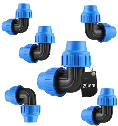 SWAWIS Raccordo a Gomito a 90 Gradi per Tubo PE 20 mm, Raccordo in Plastica PP Raccordo a Vite per Sistemi di Approvvigionamento Idrico e Irrigazione, 6 Pezzi