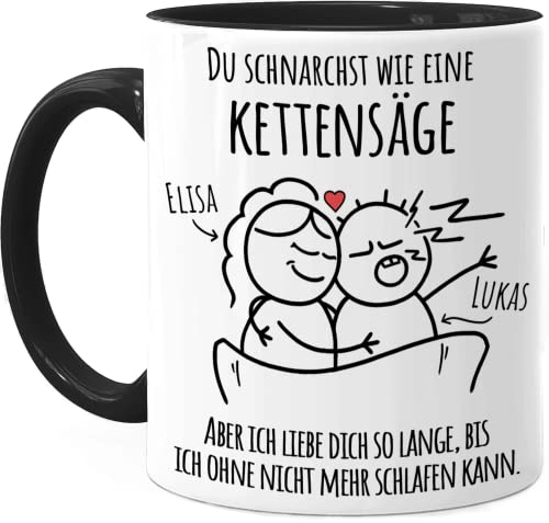 Tassenliebling® Pärchen Tasse personalisiert Schwarz - Du schnarchst wie eine Kettensäge - Lustiges Geschenk für Männer zum Jahrestag - Liebesgeschenke Mann - Valentinstag