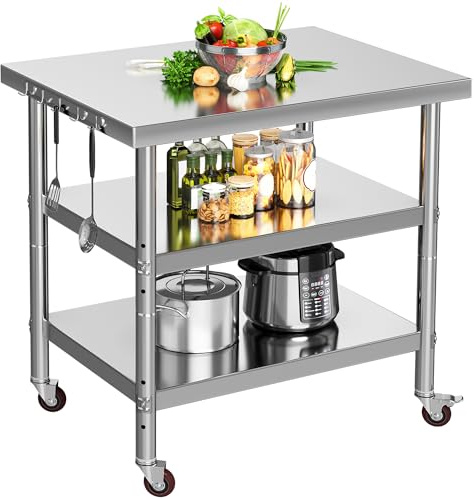 YITAHOME 30 X 24 Stainless Steel Table with Wheels, 3 Shelves
