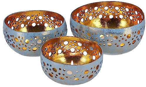 GURU SHOP 3er Set Exotisches Kokosnuss Teelicht - Modell 2 Blau, Kokosnuß, 9x14x14 cm, Teelichthalter & Kerzenhalter