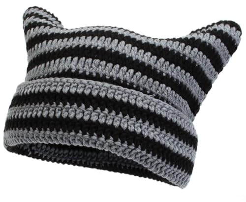 Arcimatto Cat Ear Beanie Crochet Hats for Women Girl Knitted Beanies Winter Warm Loose Fit Handmade Accessory Stylish Beanies, Schwarz, Einheitsgröße