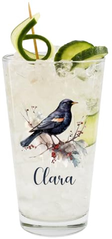 Herz & Heim® Trinkglas mit Wildtier Motiv und Wunschname bedruckt (Amsel)
