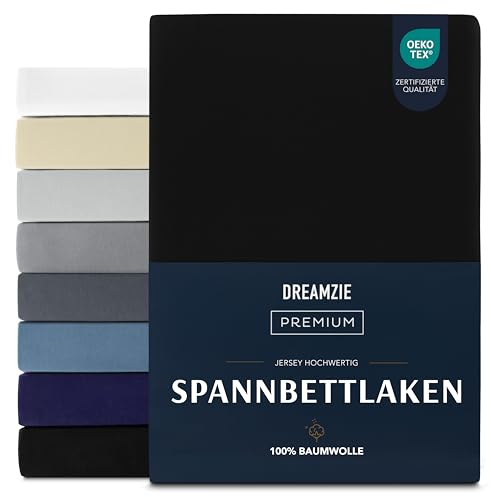 Dreamzie Premium Spannbettlaken 200x200 cm, Spannbetttuch für Dicke Matratzen bis zu 27 cm, Bettlaken 100% Jersey Baumwolle, 150 g/m², Oeko-TEX Zertifiziert - Schwarz