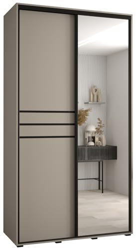 MEBLE KRYSPOL Dakota 11 Schrank mit Zwei Schiebetüren - Moderner Kleiderschrank mit Spiegel, Kleiderstange und Regalen - 235,2x130x60cm - Kaschmir Schwarz