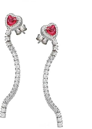 Orecchini Donna Sakrami in Argento 925 con Zircone Cuore Rosso, Verde o Bianco e Catena Tennis – Scatola Personalizzabile con Dedica Incisa – Gioiello Elegante per Anniversario San Valentino