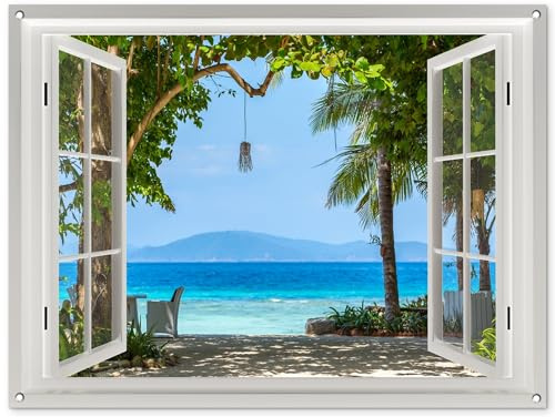 MuchoWow© Gartenposter Groß XXL Outdoor Bilder Gartendeko für draußen | 120x90 cm - Wetterfest Garten Sichtschutz Terrasse Deko Banner Bild Fensterblick - Baum - Meer - Palme - Hügel
