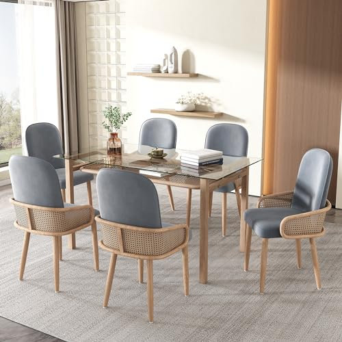 Merax Esszimmerstuhl 6er Set, Moderne Polsterstuhl mit hoher Rückenlehne, Wohnzimmerstuhl aus Samt, Rattan Stuhl mit Metallbeinen (Holzmaserungseffekt), für Wohnzimmer, Küche, Schlafzimmer, Grau
