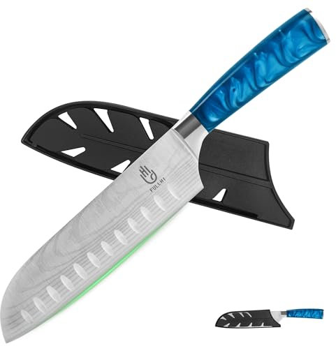 FULLHI Couteau santoku, couteau japonais de 7 pouces avec garde, couteau de cuisine en acier inoxydable pour la coupe de sushis avec étui (Résine bleue)