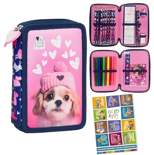 Goldkids - Federmäppchen 2 Fächer - Mäppchen für Mädchen und Jungen - Federmappe 2-Fach Federtasche Gefüllte Schüleretui 27-teilig - Schulmäppchen und Hausaufgabenheft - Hund Motiv