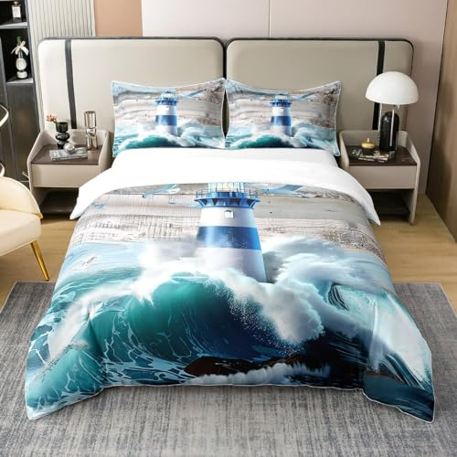 100% Baumwolle Leuchtturm Bettbezug 135x200 Rustikale Holzbrett Tröster Abdeckung Schlafzimmer Dekor Surfen Ozean Welle und Vögel Bettwäsche Set Nautische Bett Set mit Reißverschluss Krawatten,Blau