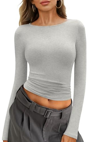 Minetom Sweatshirt Damen Tshirt Langarm U-Boot Ausschnitt Basic T-Shirt Baumwolle Langarmshirt Eng Stretch Pullover Oberteile Y2K Top A Grau M