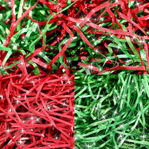 Meng Jiaran Glitter Shredded Tissue Paper for Hampers 200g Shredded Tissue Paper for Gift Boxes Wrapping Gifts Hamper Filling Packaging Filler for Birthdays Christmas, Red Green