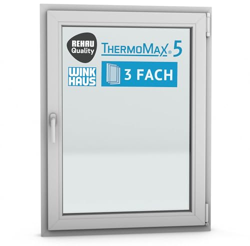 ThermoMax 5 Classic Kunststoff-Fenster, Uw-Wert 1,2, BxH: 90x120cm / 900x1200mm, DIN rechts (Griff links), mit 3-fach Wärme-Isolier-Verglasung, Winkhaus Sicherheitssystem & Rehau Profil