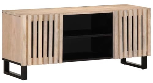 Homgoday Meuble TV Blanc 105x34x46 cm Bois Massif de manguier Banc TV, Support de Télévision avec 2 Portes et 4 Compartiments, Armoire TV pour Salon, Chambre