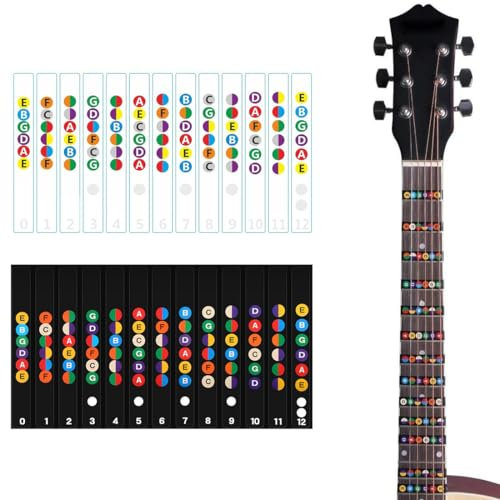 DLPRK 4 Pezzi Adesivi Note Chitarra, Scala Musicale Chitarra Tastiera per Chitarra Acustica, Aiuto Apprendimento Chitarra con Codice Etichette per Principianti, Note Musicali (Nero, Bianco)