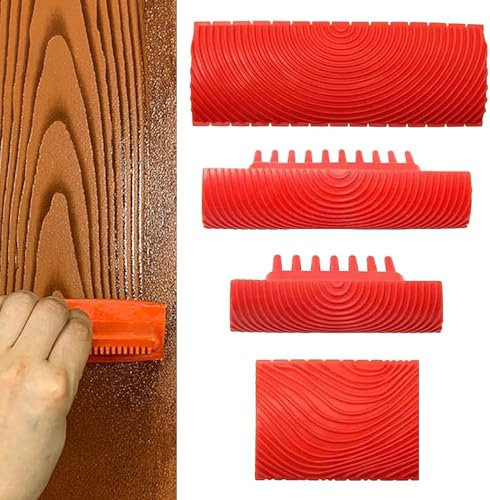 Strumento per venature del legno, rullo strutturale, rullo per carta da parati, 4 attrezzi da pittura in gomma per decorazione da parete, per decorazioni da parete fai da te, rosso