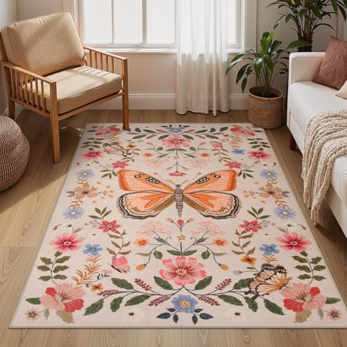 Sedefen Teppich Beige 140x200 cm Kurzflor Blumen Schmetterling Rutschfester Waschbarer Flauschig Teppich Mädchen Wohnzimmer Schlafzimmer Kinderzimmer Küche