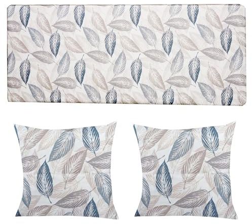 Vapinity Waterproof Garden Bench Cushion Set: 4-Seater Bench Pad for Garden Sofa & 2 Square Cushion, Leafy01 Print, 170x52x6cm, Washable Covers, Replacement Seat Pads for Outdoor Furniture