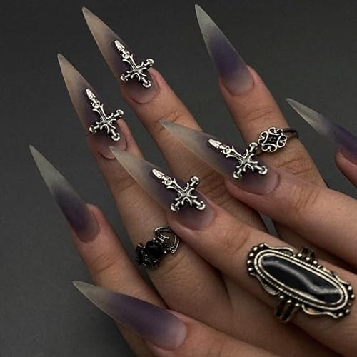 MouyouGlow Press on Nails Lang,Stiletto Halloween Schwarz Ombre Weiß 3D Chrome Cross Y2K Coquette Gothic Fake Nails mit Nagelkleber,Black Gradient White Künstliche Fingernägel