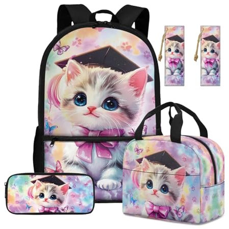 ASQVTIFE 4 Piece Cat Backpack Set for Children Girls Schoolbag with Insulated Lunchbox Pencil Case Cute Cat Bookbag for Girls Ages 8-14 Large Capacity Hiking Rucksack with Adjustable Strap