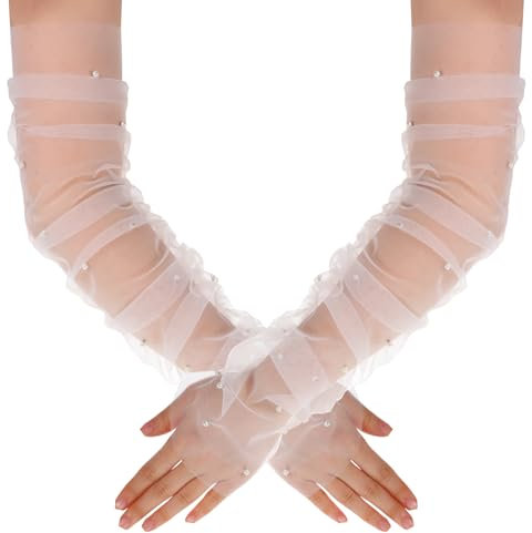 Psyqtsuary Bridal Long Gloves, White Lace Sheer Gloves, Pearl Wedding Glove, Lace Arm Sleeves, Women's Long Ruched Fingerless Glove with Pearl Sheer Tulle for Wedding Opera Dance Party