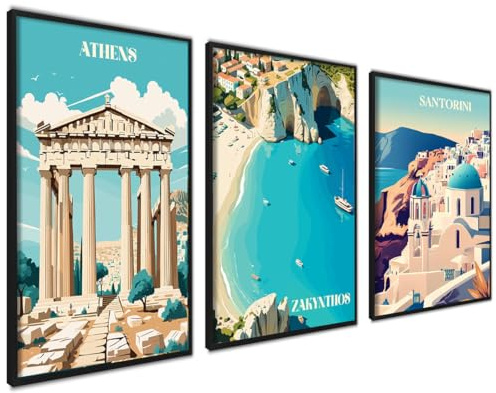 ag.art deco® Vintage Retro Greece Vacation Poster Set | 3 Stück 30x40cm Bilder mit Schwarz Rahmen | blau weiß Griechenland Strand Bilder Zakynthos Santorini für Schlafzimmer Wohnzimmer