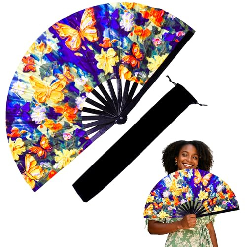 Onekka 13inch Large Folding Hand Rave Fan, Chinese Clacking Fans Popping Fans for Line Dancing, Holographic Laser Colors Hand Fan, Boots on The Ground Fan, Party, Decoration, Festival Folding Fans
