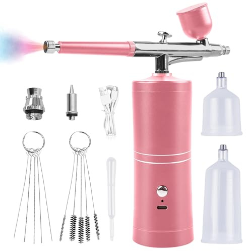 Set aerografo con compressore, pistola per aerografo manuale, kit aerografo ricaricabile, aerografo senza fili con compressore, per decorazione di torte, trucco, modellazione di tatuaggi (rosa)