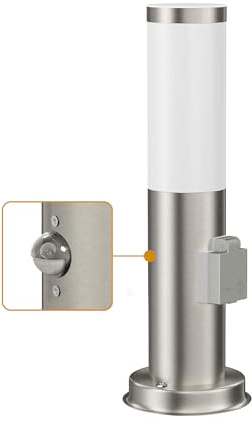 ledscom.de Pollerleuchte PORU Sensor für außen, 38cm, edelstahl, Steckdose, inkl. E27 LED, Energieeffizienzklasse A (warmweiß, 4W, 935lm)
