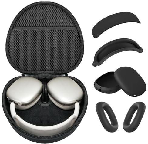 Joremx Kopfhörer Tasche für Apple AirPods Max, Hartschalen-Tragetasche mit Netzfach, Schlafmodus, inkl. Silikon-Ohrpolsterhülle/Ohrmuschelabdeckung/Kopfbügelabdeckung Zubehör – Schwarz