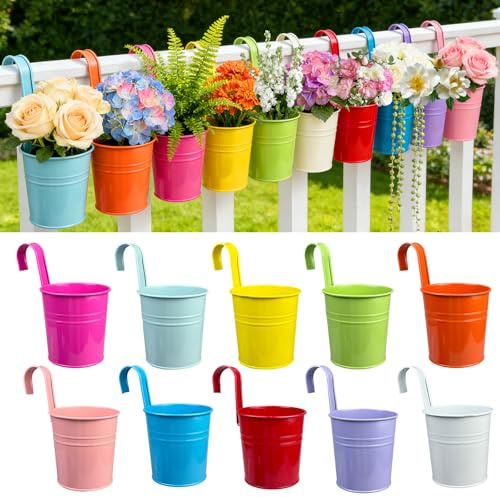 TEYIAN 10Pcs 10cm Hanging Plant Pots Metal Hanging Basket Hanging Flower Pots Vase Bucket with Drainage Hole Balcony Fence Home Garden Decor