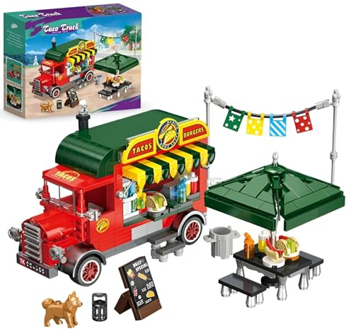 PlaySynthe Taco Foodtruck Bausteine, 615 Teile City Burger Truck Klemmbausteine, Kreatives Fast Food Truck Bausatz Modell Spielzeug, Geschenk für Erwachsene und Jugendliche