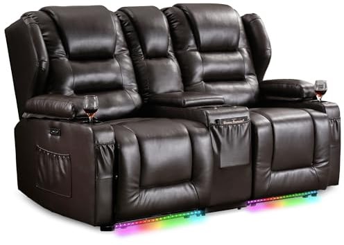 SITURAY Elektrisch Verstellbar Kinosessel 2 Sitzer mit Liegefunktion, Zweisitzer Relaxsessel Fernsehsessel mit Getränkehalter, 2er TV Sessel mit LED/USB (Kunstleder Braun, 2er mit Konsole)