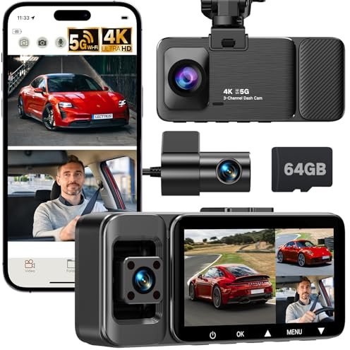 LECTRUS 3-Kanal Dashcam Auto Vorne Hinten Innen, 4K + 1080P +1080P, 170° Weitwinkel, Super Nachtsicht, 24/7 Parküberwachung, G-Sensor, Loop-Aufnahme, 5.8GHz WiFi, Kostenlose 64GB SD-Karte, Max 256GB