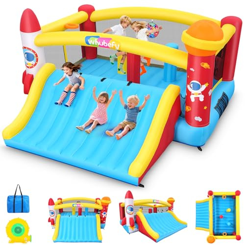 AKEYDIY Verbesserte Hüpfburg für Kinder, 4,1 x 4,1 m große Hüpfburg mit größerer Rutsche, aufblasbarer Hüpfbereich mit Sprungfläche, Kletterwand, Basketballspiel, verstärktem Material, für 3-5 Kinder