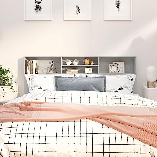 PUGYNBK Bett-Kopfteil mit Ablagen Betongrau 180x19x103,5 cm, 4 Fächer Regal, Modernes Wand-Kopfteil aus Holzwerkstoff für zusätzlichen Stauraum, Schlafzimmer Aufbewahrung, Stabile