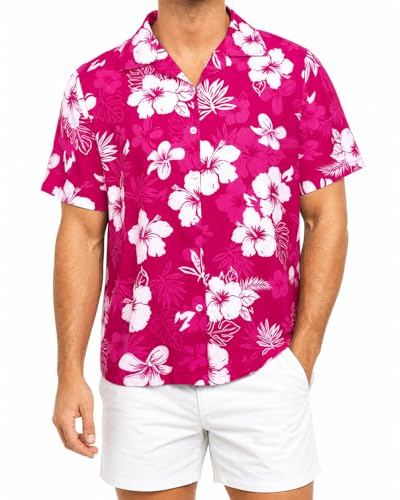 Amycute Men's Hawaiian Button Down Shirt Short Sleeve, Tropical Floral Print Regular Fit Beach Shirt for Stag Do Festival Pub