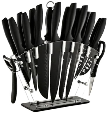 KLYTE 19-teiliges Messerset mit Messerblock, Schwarz | Schwarzes Küchenset & Küchenutensilien. 19-teilig inkl. Steakmesser & Messerblock. Perfektes Kitchen Set für Sie.