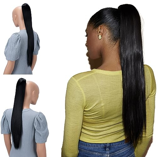 CAISHA 60cm Glatt Pferdeschwanz Mit Butterflyklammer Haarteil Zopf Hitzebeständig Haarverlängerung Schwarz H601