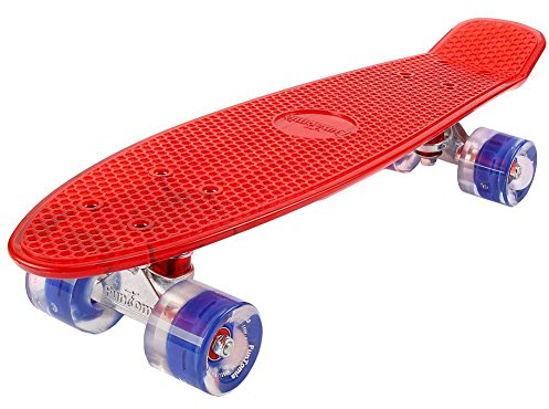 FunTomia 57cm Mini-Cruiser Board Skateboard mit oder ohne LED Leuchtrollen inkl. Aluminium Truck, ABEC-9 Kugellager und T-Tool (Rot transparent mit Blaue LED Rollen)