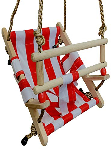 Columpio para bebé de madera y tela, color rojo y blanco