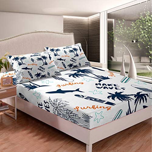 Palmen-Bettlaken-Set, Surfbrett-Bettwäsche-Set, Surfen, Sport, Spannbetttuch für Kinder, Jungen, Mikrofaser, Hawaii, Tropisch, Bettbezug, Hai, Seestern, Raumdekoration, volle Größe