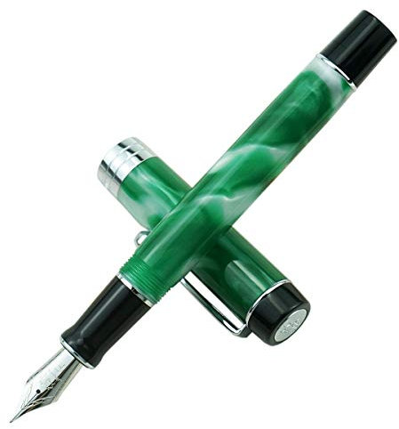 Jinhao 100 Classic Füllfederhalter, Silber Trim Extra Fine Feder, Grün Weiß Marmor Zelluloid mit Konverter und Metall Stifteetui Set